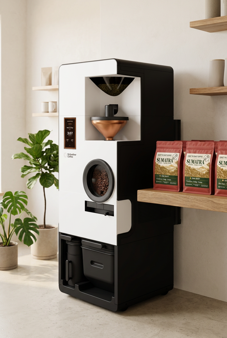 An all-electric Bellwether coffee roaster in the Coast To Coast Coffee roastery