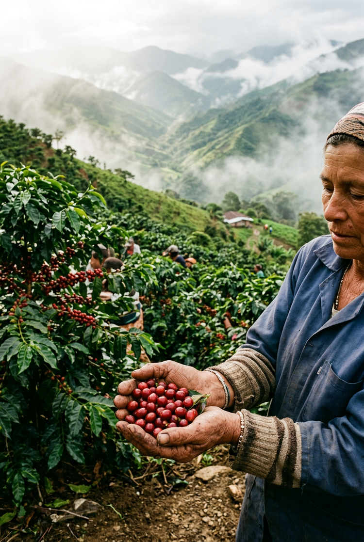 A farmer holding freshly picked coffee cherries on a hillside family farm