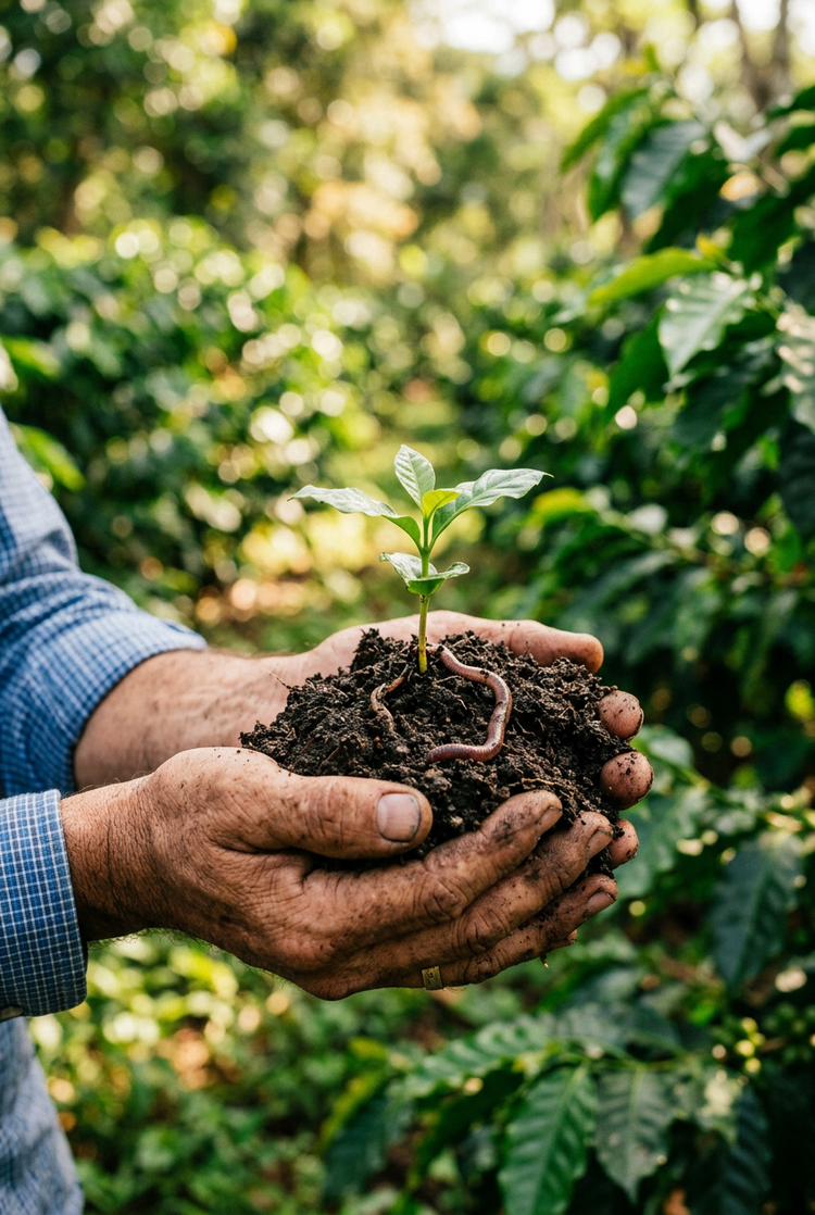 A farmer's hands holding dark, healthy soil with a coffee seedling sprouting from it