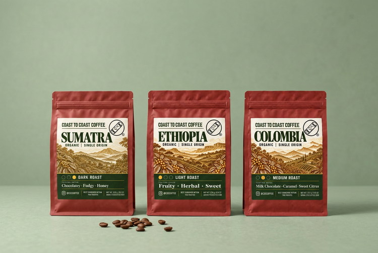 Coast To Coast Coffee bags of Sumatra, Ethiopia and Colombia on a sage green backdrop