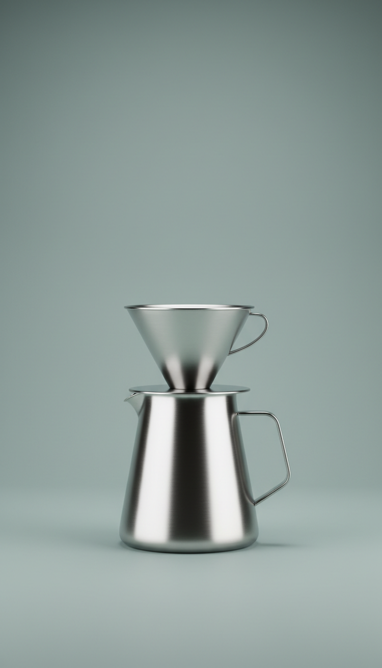 Stainless steel pour-over dripper on a carafe
