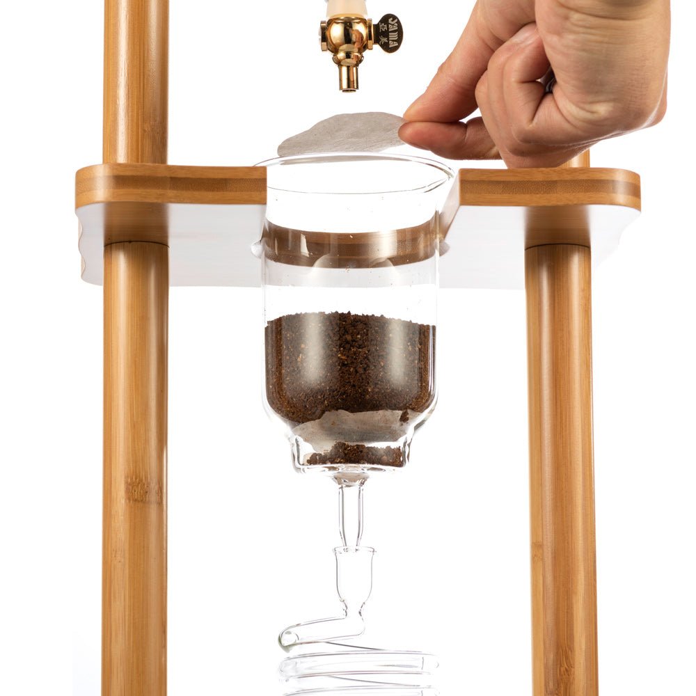 Yama Glass Cold Brew Tower – Bamboo Straight Frame – 6–8 Cup (32 oz)